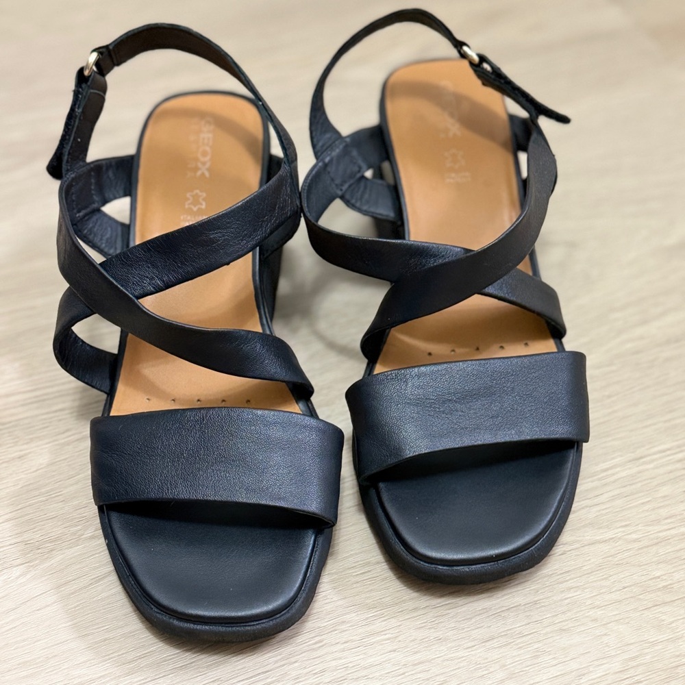 Geox Respira Black Leather Strappy Wedge Sandals EU 39 US 9 Comfort